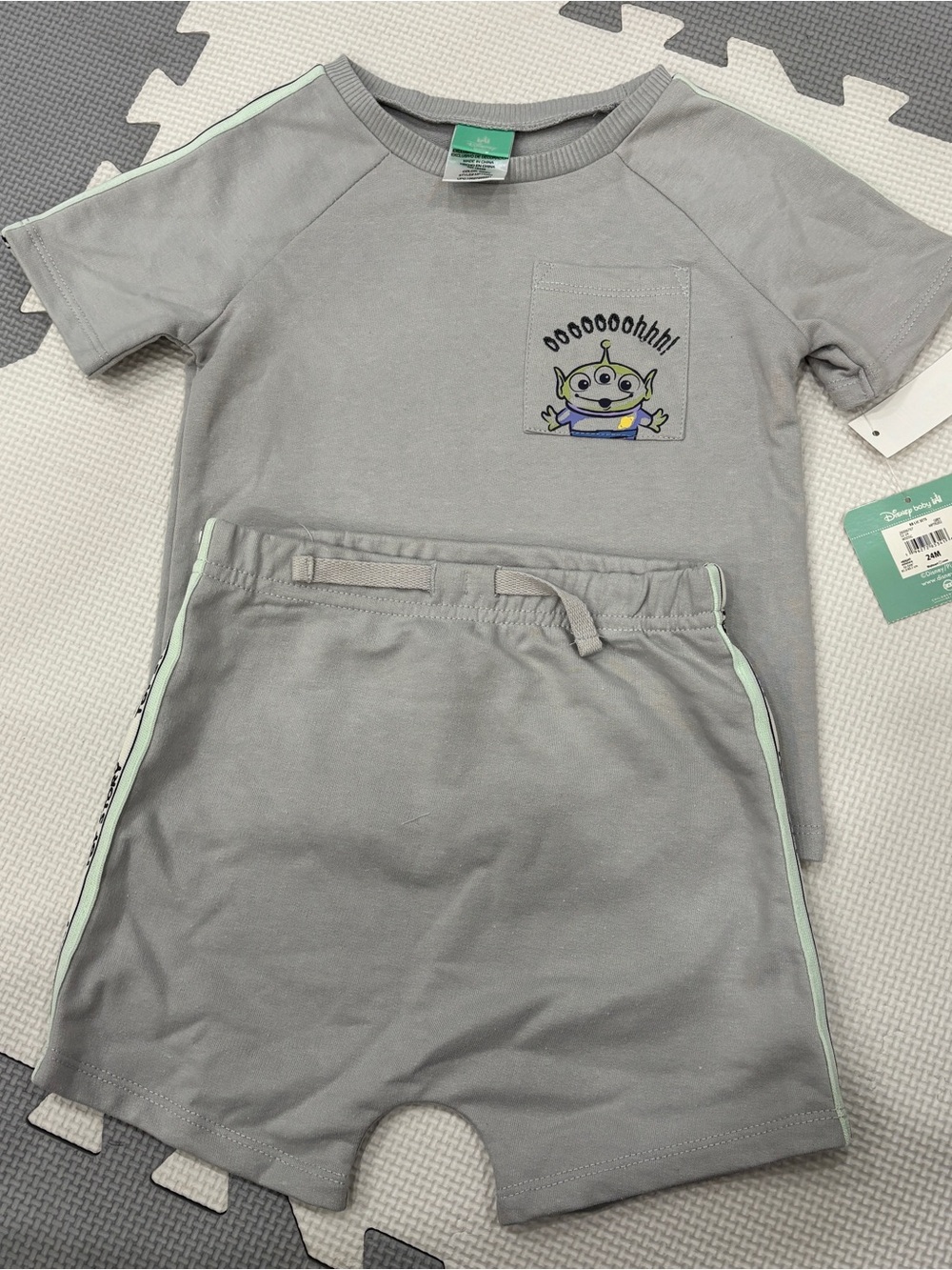 Disney Kids Grey Pajama Set with Mint Trim and Alien Pocket